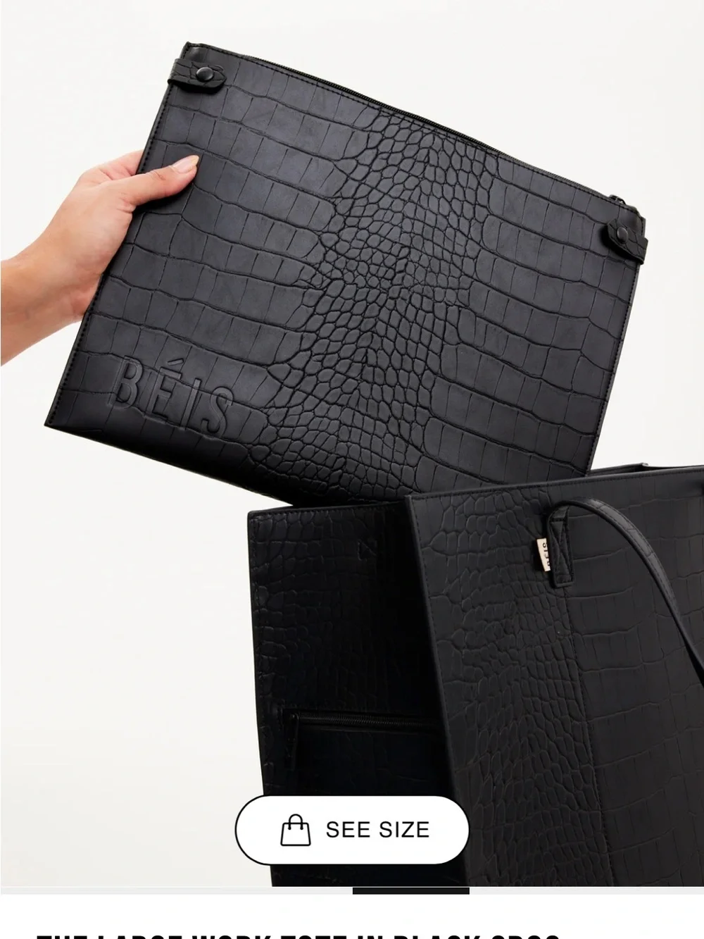 BEIS Black Croc-Embossed Laptop Tote + Case with Detachable Strap